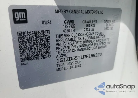 2024 Chevrolet Malibu Lt z USA, uszkodzony, nr VIN 1G1ZD5ST1RF169320